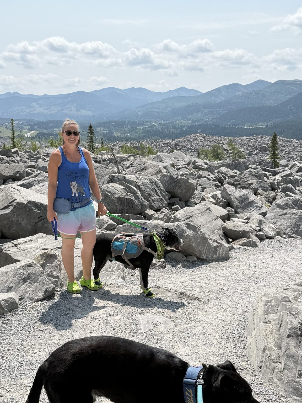 Coreena standing on a rocky mountain trail with Tuckie, who is wearing a hiking backpack and boots, and his brother Titan in the foreground.