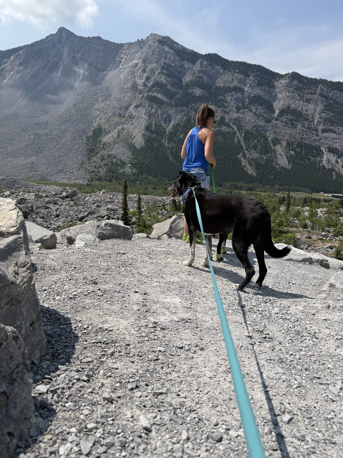 Coreena walking a rocky mountain trail with Tuckie and Titan on leash, a steep mountain face rising behind them. Tuckie is wearing hiking boots.