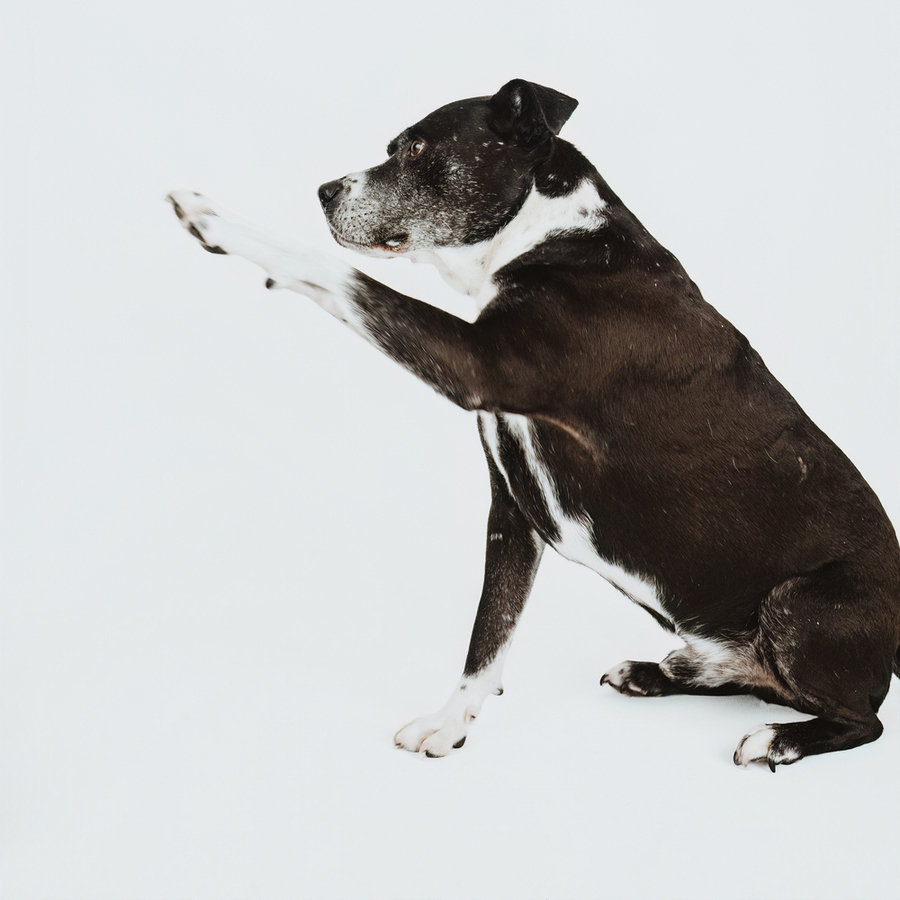 Studio portrait of Tuckie giving a high five against a plain white background.